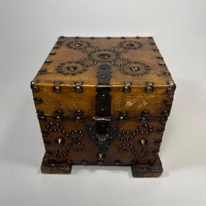 Vintage Spanish style leather-wrapped brass studded wooden trinket box